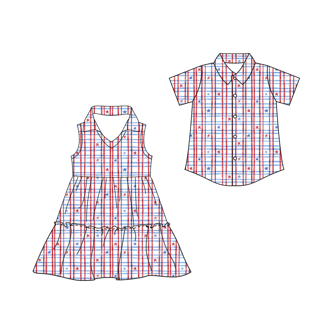3.11 Custom moq 5 mix size Sibling Baby Girl's 4th of July Sleeveless Dress Baby Boy's Short-Sleeved Button Shirt