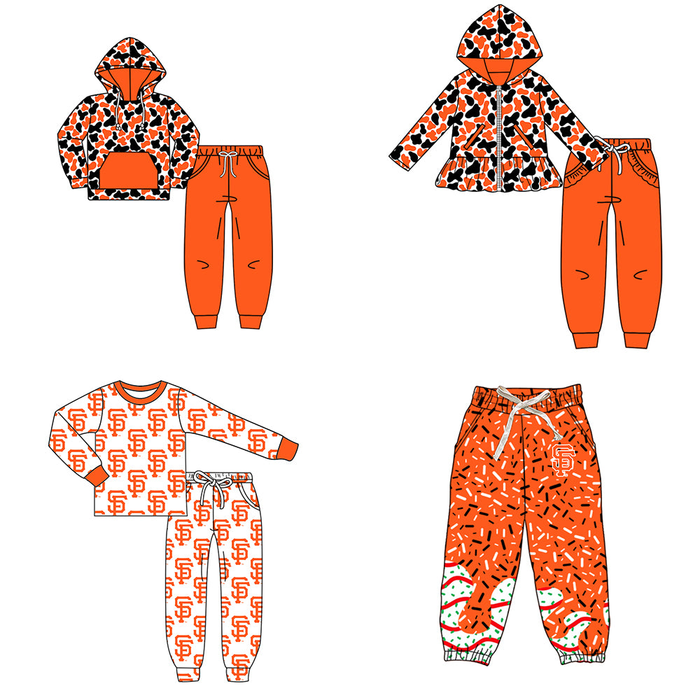 Custom moq 5 mix size milk silk summer teams baby girls clothes camouflage orange hooded long sleeve pants sets 2 and boy pants sets and pant-25.8.9