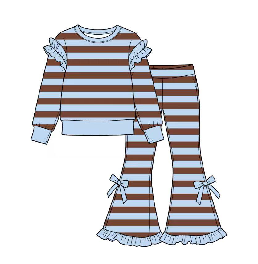 custom moq 5 mix size Baby Girls Brown Blue Stripe Ruffle Shoulder Long Sleeve Top And Bow Ruffle Bell Bottom Pants Fall Outfit Set