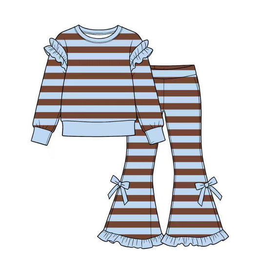 custom moq 5 mix size Baby Girls Brown Blue Stripe Ruffle Shoulder Long Sleeve Top And Bow Ruffle Bell Bottom Pants Fall Outfit Set