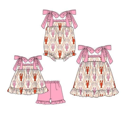 26.1.24 custom each style moq 5 eta 6-8week Sibling Sister lobster bow baby short sleeve shorts sets and romper and dress match design