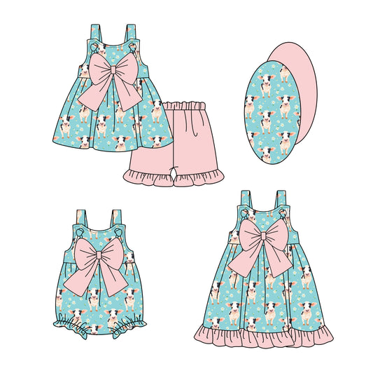 3.5 custom each style moq 5eta 4-6week Sibling Sister cow baby girl short sleeve shorts sets and dress and rompers match family design