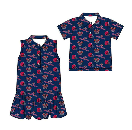 Custom moq 5 mix size milk silk summer teams Navy Blue Sleeveless Dress for Baby Girl Short-Sleeved Polo Shirt for Baby Boy Infant Clothing Set
