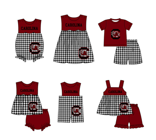 Custom moq 5 mix size milk silk summer teams baby girl boys clothes Dark Red Black and white checkered short sleeve shorts sets 3 and dress and rompers 2 series