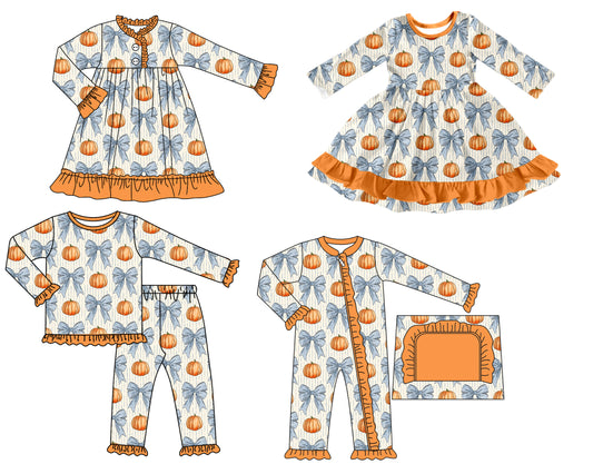 25.7.28 custom each style moq 5 eta 4-6week Sibling Sisters pumpkin bow baby girl long sleeve pants sets and romper and dress 1 and dress 2 match family design