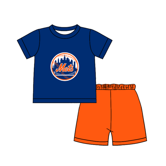 Custom moq 5 mix size milk silk summer teams Baby Boy's blue  Short-Sleeved O-Neck Top And solid color Shorts Set