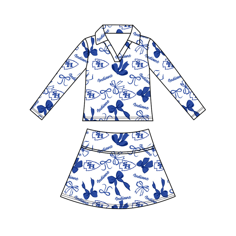 Custom moq 5 mix size milk silk summer teams Girls Blue Polka Dot Top Shorts Set Top Skirt Short Set Zipper Pullover Pants Set