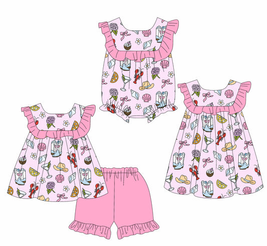 4.7 custom each style moq 5eta 4-6week Sibling Sisters hats baby girl short sleeve shorts sets and dress and rompers match family design