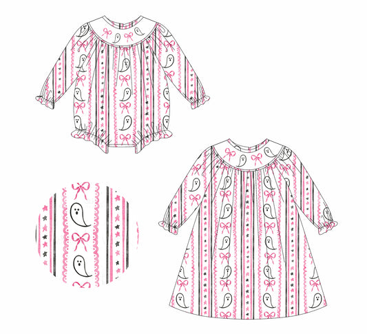 25.5.12 custom each style moq 5eta 4-6week Sibling Sisters ghost bow baby girl long sleeve dress and rompers match family design