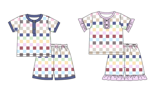 11.3 custom each style moq 5eta 4-6week Sibling Sister plaid baby girl short sleeve shorts sets 1 and sets 2 match design