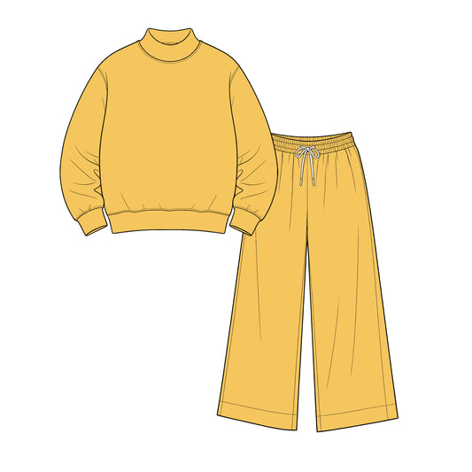 custom moq 5 mix size Baby Kids Mustard Yellow Long Sleeve Shirt Top Long Pants Casual Solid Color Outfit Set