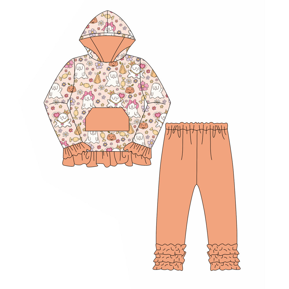 7.5 custom each style moq 5eta 4-6week ghost orange hooded long sleeve pants baby girls sets