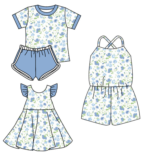 3.13 custom each style moq 5eta 4-6week Sibling Sister floral baby girl short sleeve shorts sets and dresses and jumpsuit match design