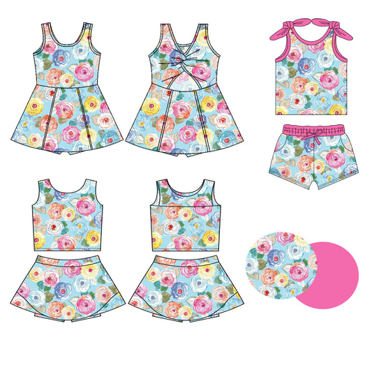 3.26 custom each style moq 5eta 4-6week Sibling Sister floral baby girls clothes Short sleeve shorts sets and yoga dress 1 and dress 2 match family design