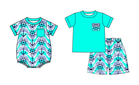 2.27 Custom moq 5 mix size Sibling blue Baby Boys Romper Short-Sleeved Top And Shorts Set for Infants