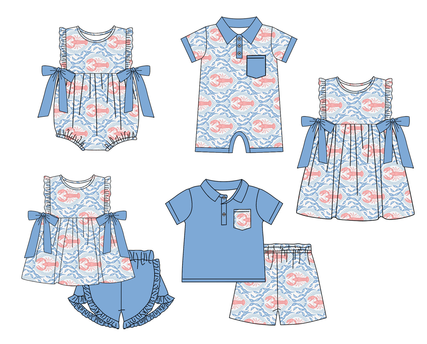 11.23 custom each style moq 5eta 4-6week Sibling Sister crayfish baby girl short sleeve shorts sets and sets 2 and girls romper and boy romper and dress match design