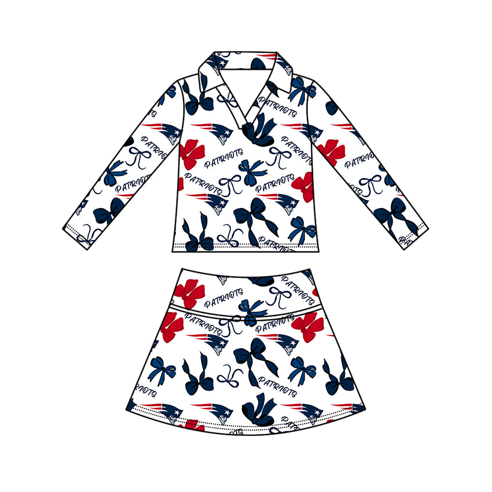 Custom moq 5 mix size summer teams Girls Polka Dot Top Shorts Set Bows Print Top Skirt Set Navy Blue Zipper Pullover Pants Set