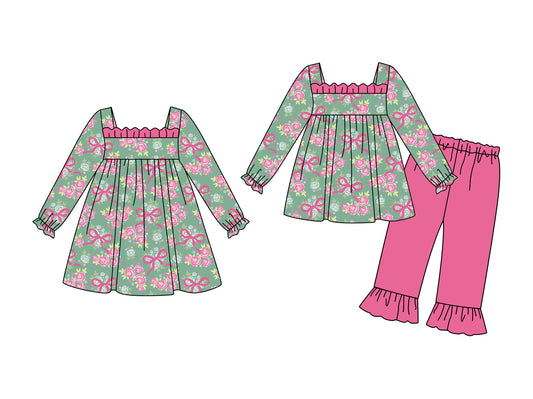 25.5.26 custom each style moq 5eta 4-6week Sibling Sisters floral bow baby girl long sleeve pants sets and dress match family design