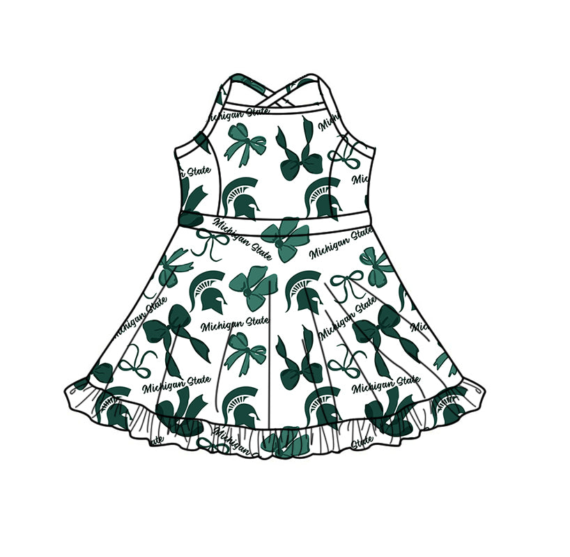 Custom moq 5 mix size milk silk summer teams Baby Girls Green Bow Vest Top Skirt Shorts Sets Sleeveless Knee Length Dresses Yoga Shorts Yoga Active Outfit