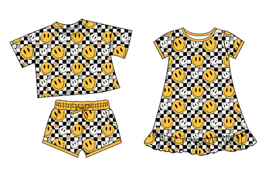 25.10.29 custom each style moq 5 eta 6-8week Sibling Sister smiley floral baby girl short sleeve shorts sets and dress match design
