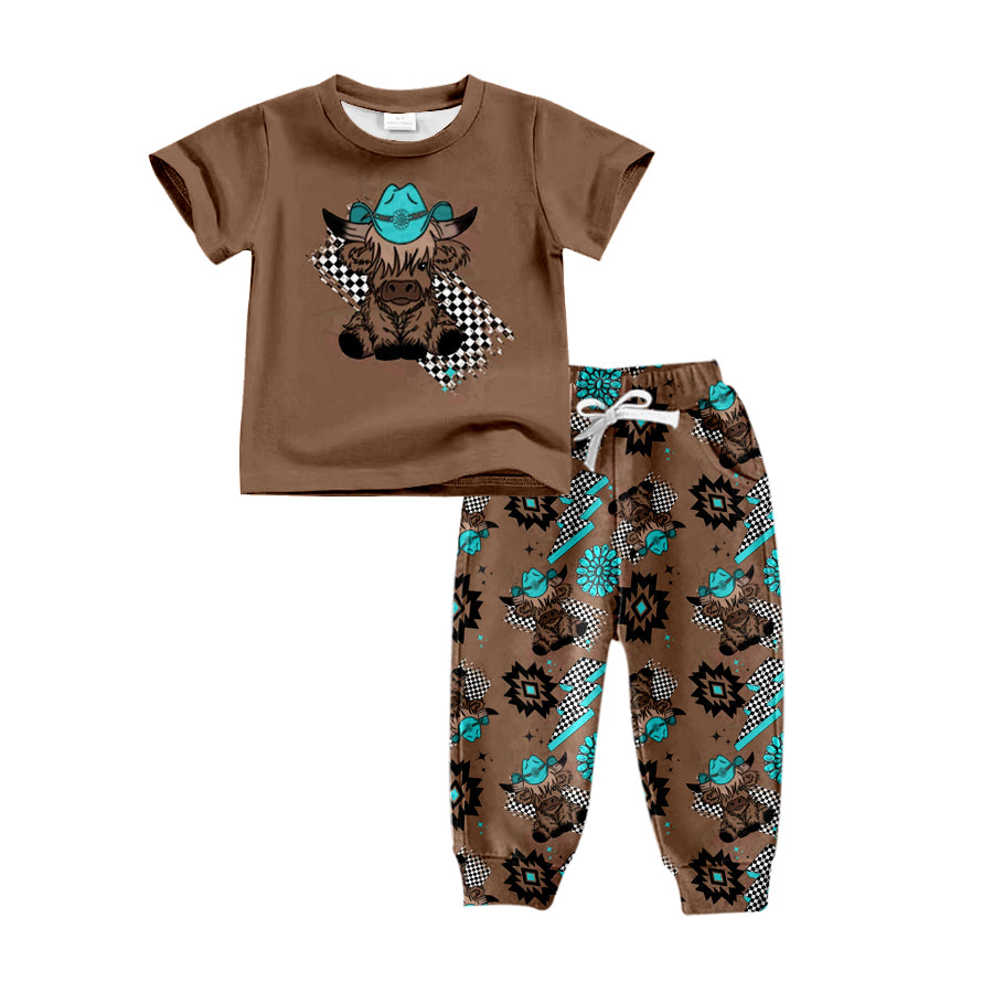 7.20 custom each style moq 5eta 4-6week baby boys clothes cow head brown short sleeve sets
