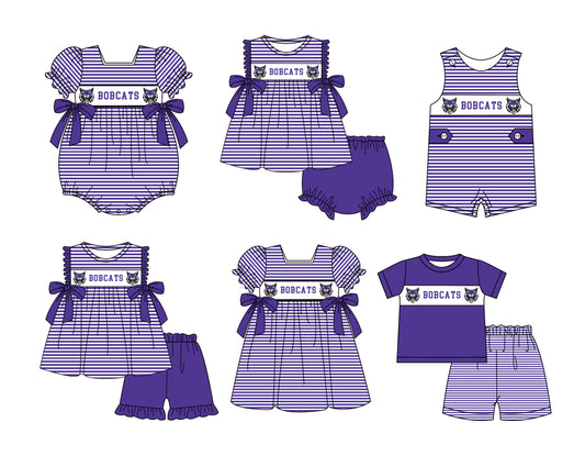 Custom moq 5 mix size milk silk summer teams baby girl boys clothes Purple short sleeve shorts sets 2 and brief sets and dress and rompers 2 series