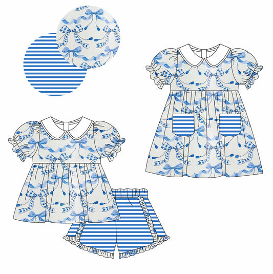 11.27 custom each style moq 5eta 4-6week Sibling Sister bow blue baby girl short sleeve shorts sets and dresses match design