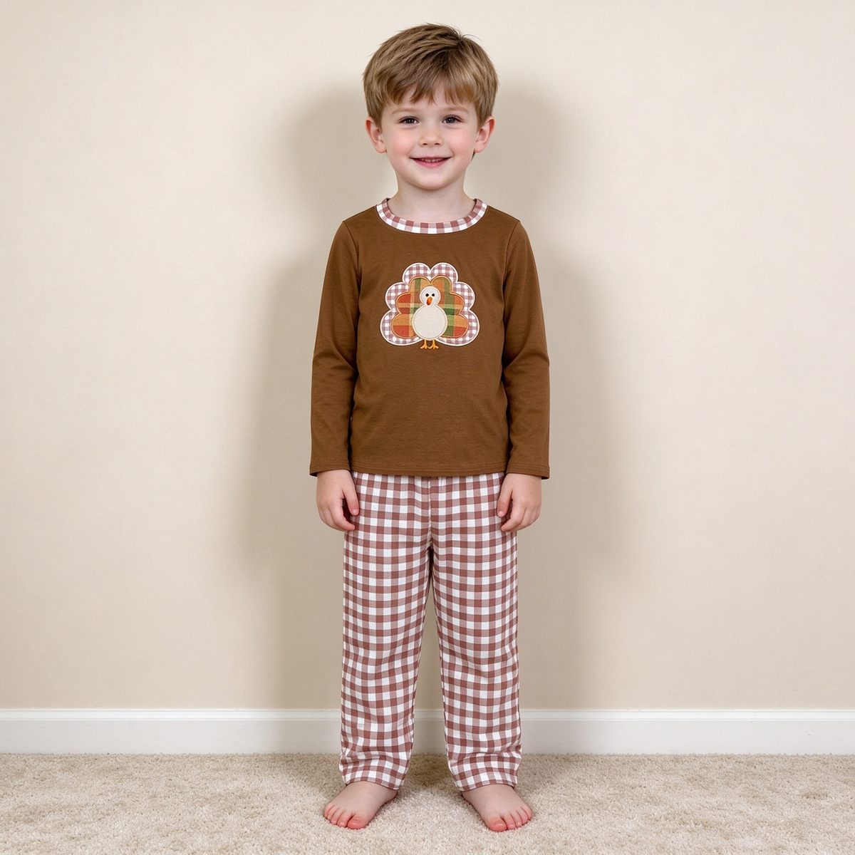 NEW RTS NO MOQ milk silk BLP1516 Embroidery Turkey Baby Boys Long Sleeve Top Checked Pants Thanksgivings Set