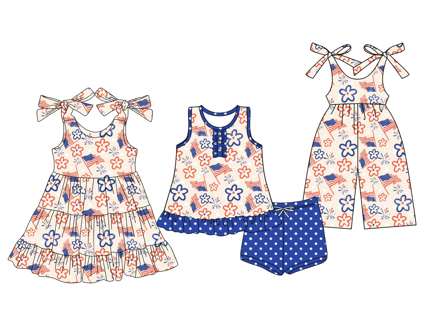 4.10 custom each style moq 5eta 4-6week Sibling Sister flag floral baby girl short sleeve shorts sets and dresses and jumpsuit match design