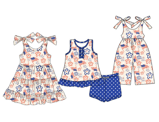 4.10 custom each style moq 5eta 4-6week Sibling Sister flag floral baby girl short sleeve shorts sets and dresses and jumpsuit match design