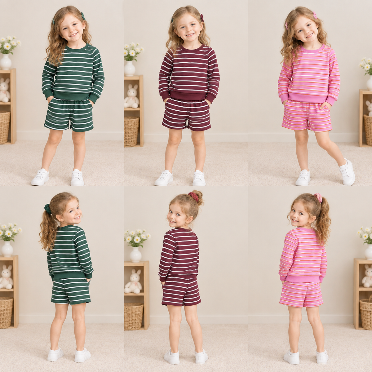 RTS NO MOQ Sibling yoga fabric Baby Girls Striped Long Sleeve Top Shorts Yoga Set