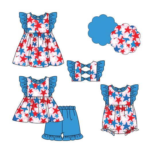 4.23 custom each style moq 5eta 4-6week Sibling Sisters stars baby girl short sleeve shorts sets and dress and rompers match family design