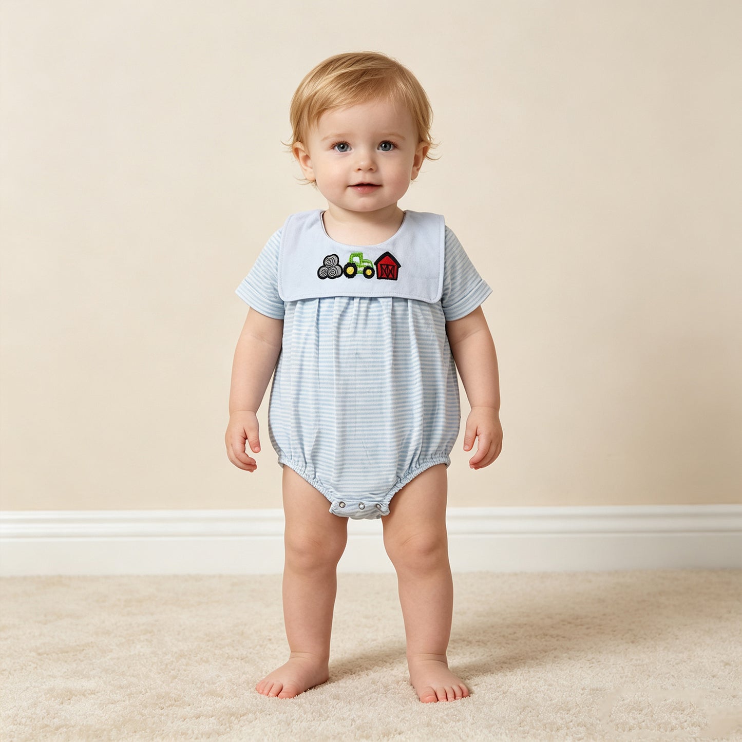 NEW RTS NO MOQ milk silk SR4075 Embroidery Baby Boys Farm Stripe Truck House Short Sleeve Rompers