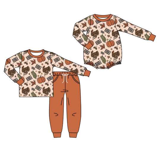 25.7.15 custom each style moq 5eta 4-6week Sibling Sister pumpkin turkey baby boy long sleeve pants sets and rompers match family design