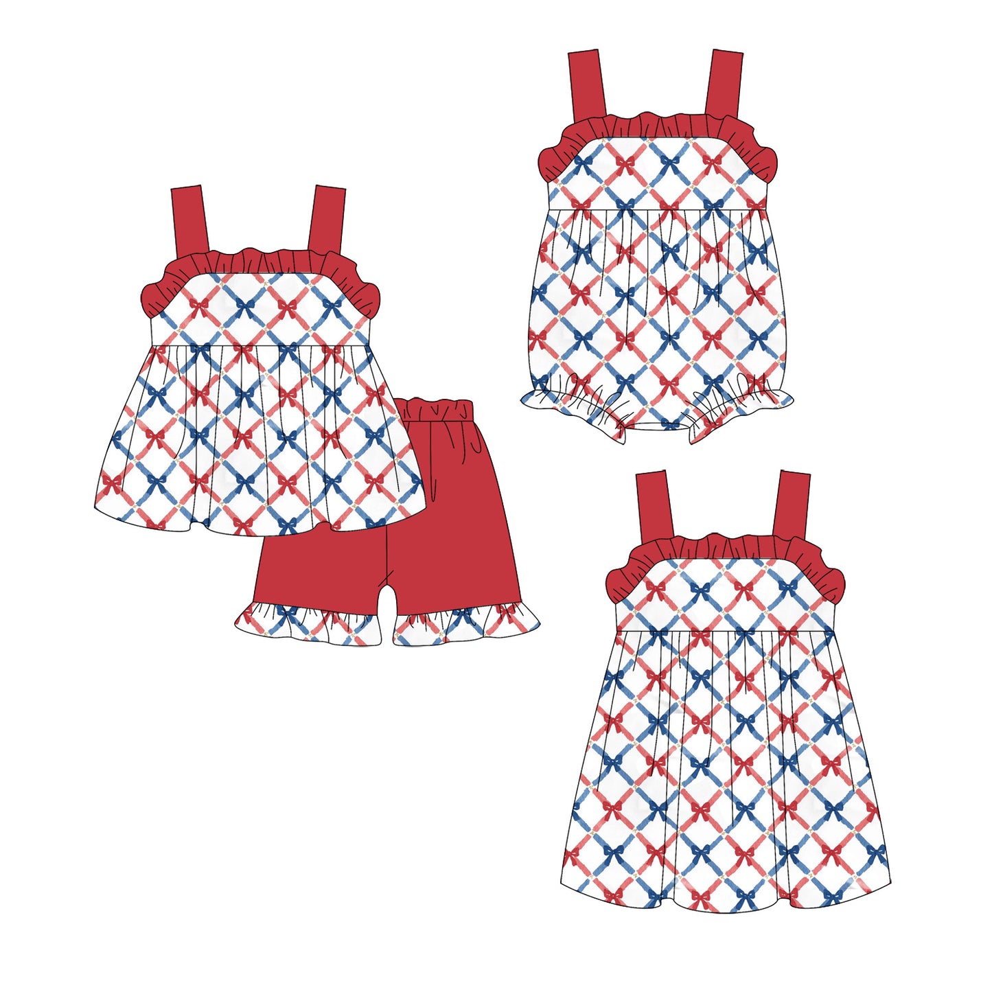 3.24  Custom moq 5 mix size Sibling Baby Girl's Strap Top And Red Short Set Cute Romper Dress Summer Outfit