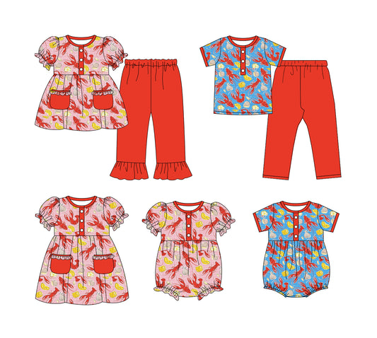 25.9.13 custom each style moq 5eta 6-8week Sibling Sister lobster baby short sleeve pants sets 2 and romper 2 and dress match design
