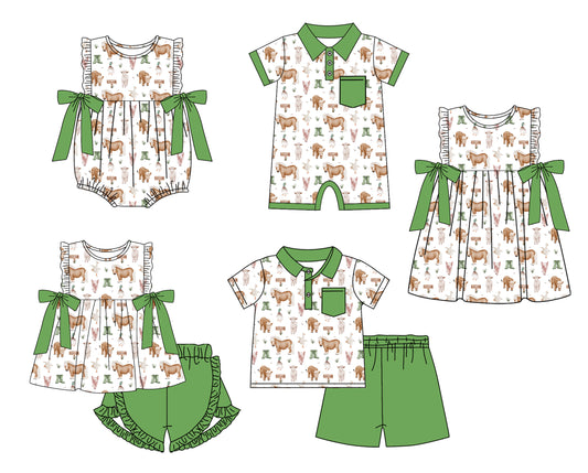 11.15 custom each style moq 5eta 4-6week Sibling Sister cow baby girl short sleeve shorts sets and sets 2 and girls romper and boy romper and dress match design