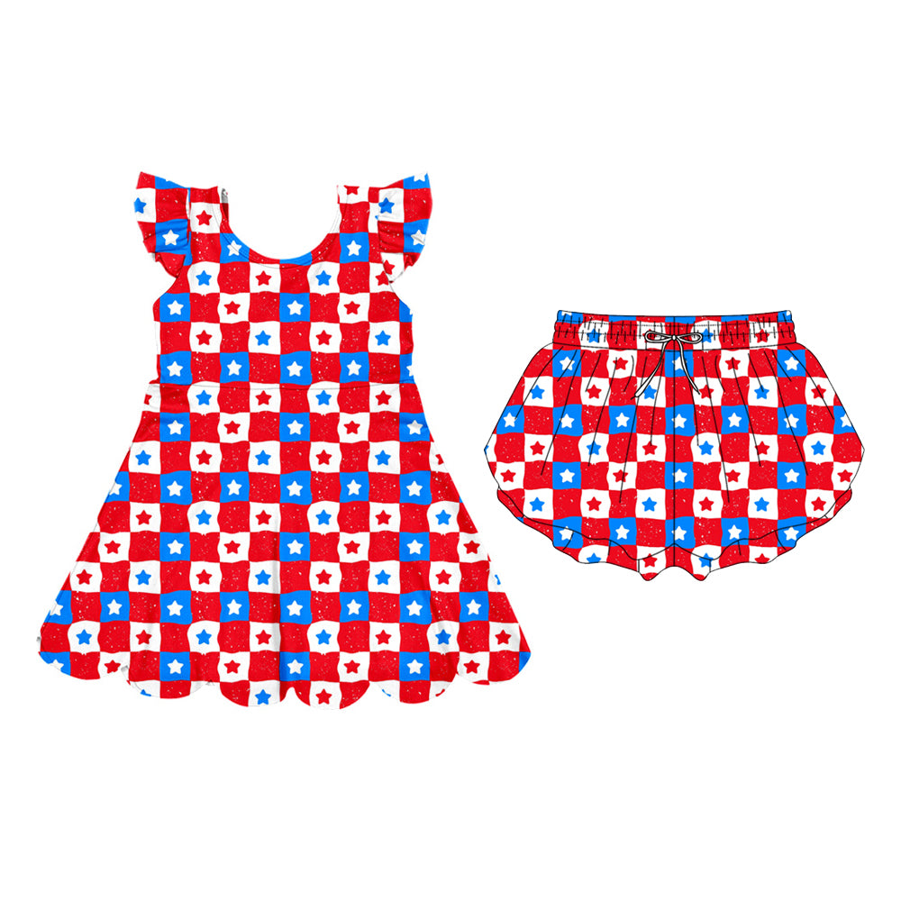 Custom moq 5 mix size Sibling Red Plaid Baby Girl's Yoga Outfit with Flutter-Sleeved Dress And Shorts