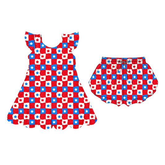 Custom moq 5 mix size Sibling Red Plaid Baby Girl's Yoga Outfit with Flutter-Sleeved Dress And Shorts