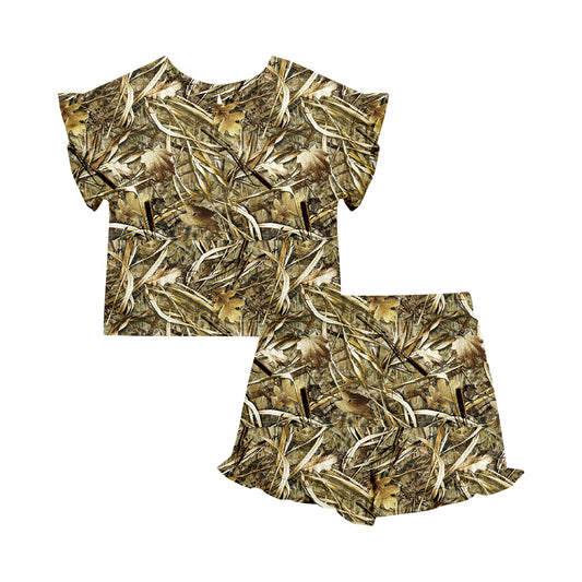 Custom moq 5 mix size Baby Girl's Green Dead Leaf Camouflage Short-Sleeved Top And Shorts Set Cute Outfit