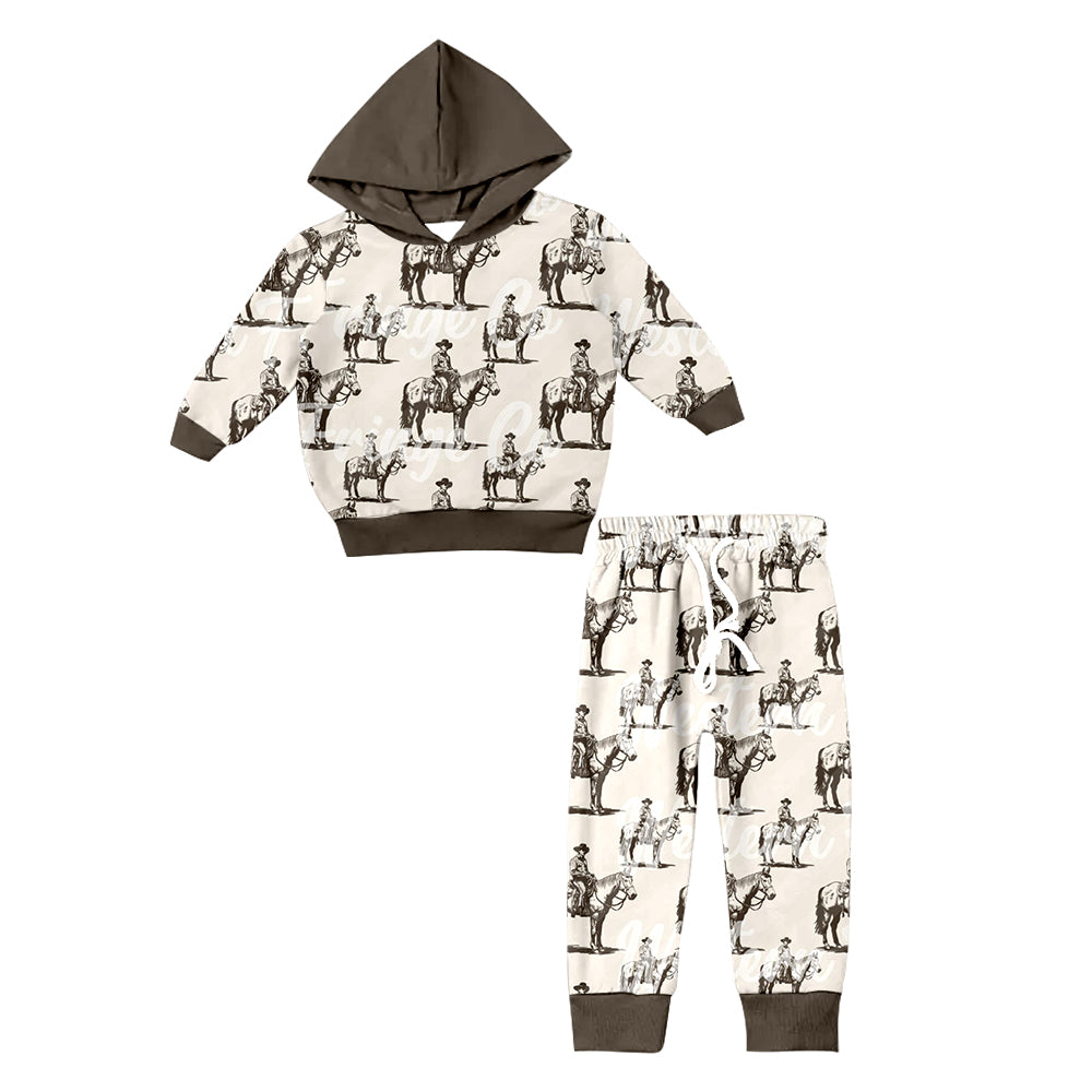 8.26 custom each style moq 5eta 4-6week baby boys clothes riding horse white hooded long sleeve pants sets