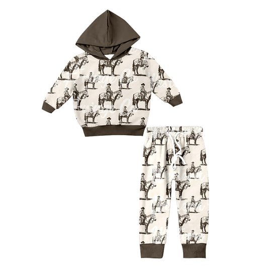 8.26 custom each style moq 5eta 4-6week baby boys clothes riding horse white hooded long sleeve pants sets