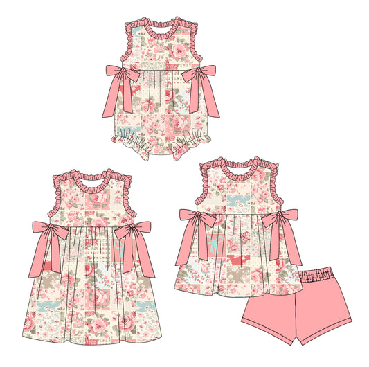 4.8 custom each style moq 5eta 4-6week Sibling Sisters floral baby girl short sleeve shorts sets and dress and rompers match family design