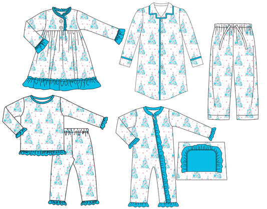25.6.27 custom each style moq 5eta 4-6week Sibling Sisters Christmas trees baby boy long sleeve pants sets and adult top and adult pants and romper and dress match family design