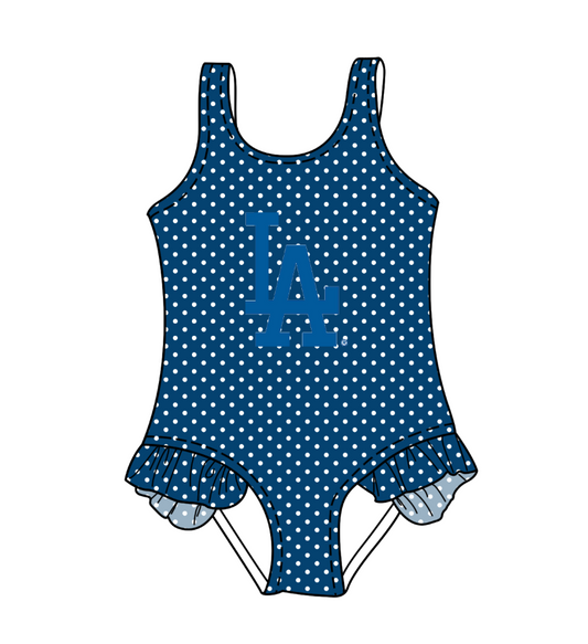 Custom moq 5 mix size milk silk summer teams Blue Baby Girl Sleeveless Polka Dot Lace Onesie Swimsuit Cute Summer Beachwear for Little Girls