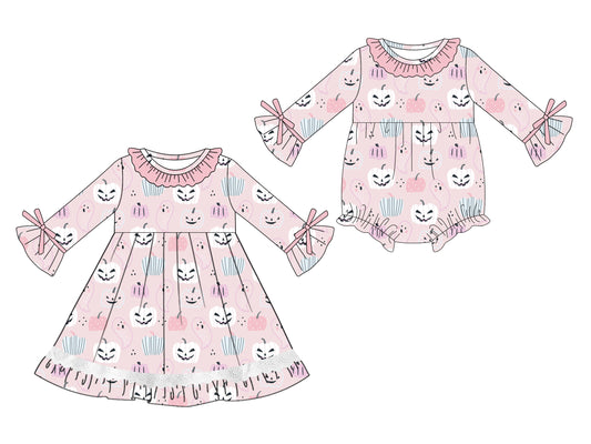 25.5.19 custom each style moq 5eta 4-6week Sibling Sisters pumpkin baby girl long sleeve dress and rompers match family design