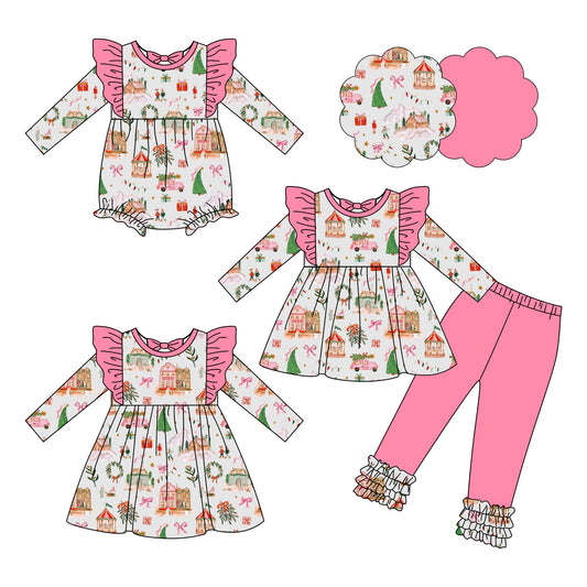 25.6.11 custom each style moq 5eta 4-6week Sibling Sisters Christmas bow baby girl long sleeve pants sets and dress and rompers match family design