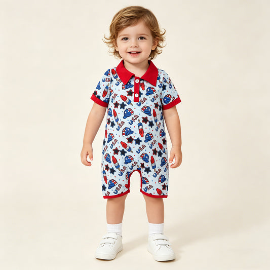 RTS NO MOQ SR3874 Baby Boys Star Popsicle Short Sleeve 4th of July Holiday Rompers