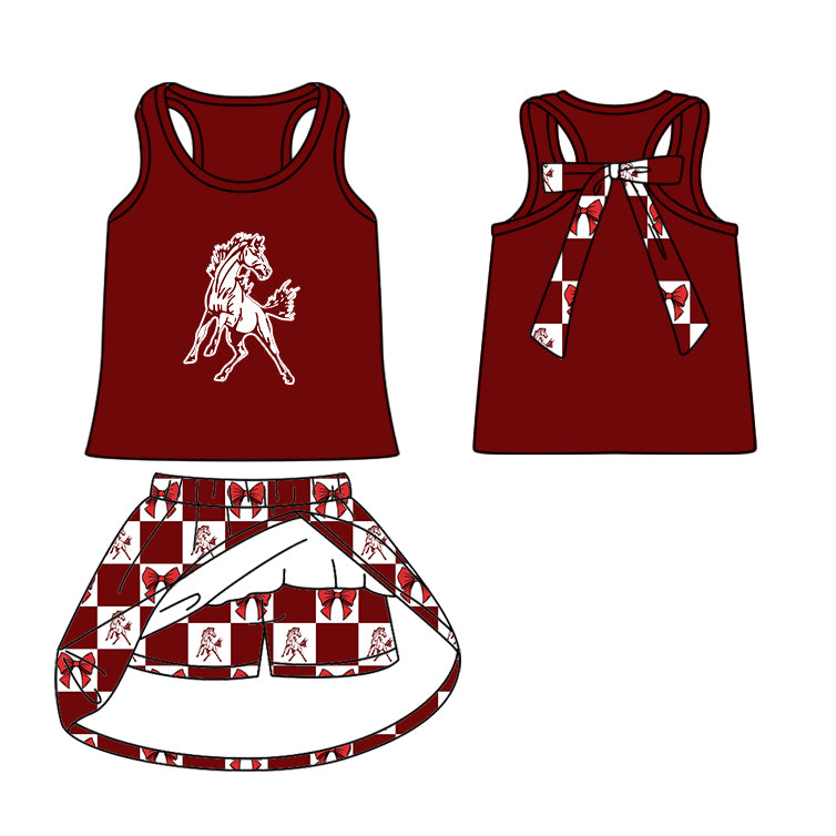Custom moq 5 mix size milk silk summer teams Checked Bows Red Baby Girl Sleeveless Top Skirt Short Set Dress And Shorts Yoga Outfit Boy's Top Shorts Set Romper