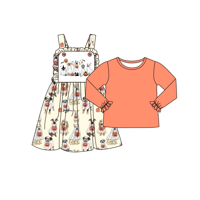 5.9custom each style moq 5eta 4-5week Sibling Sister Halloween style print orange girls outfits and baby romper and dress match family design